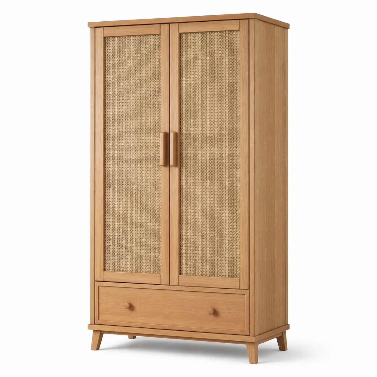 Armadio in legno con rattan e cassetto
