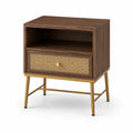 Comodino in legno e metallo marrone con frontale rattan