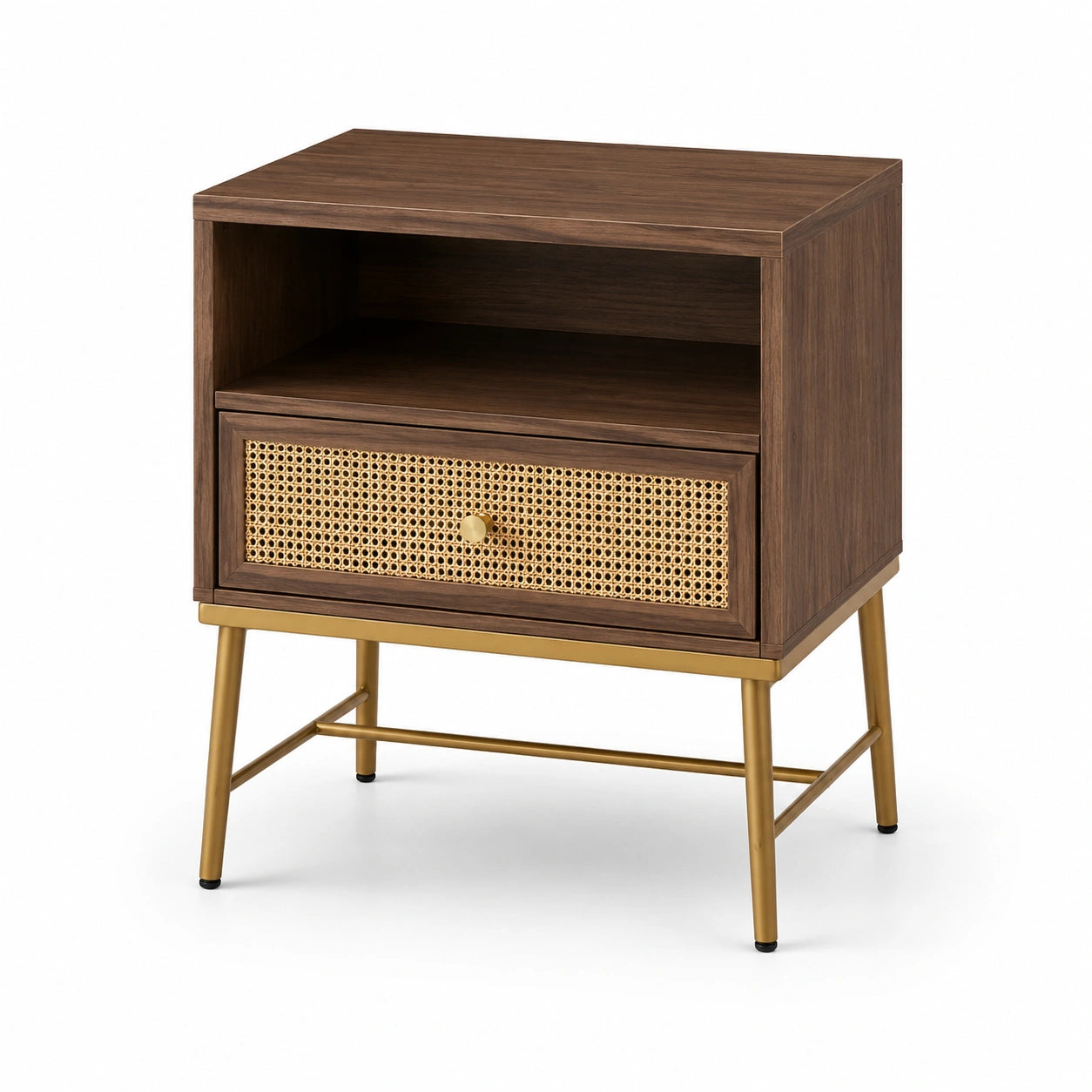 Comodino in legno e metallo marrone con frontale rattan