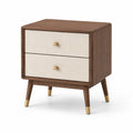 Comodino in legno con 2 cassetti in noce e tessuto beige