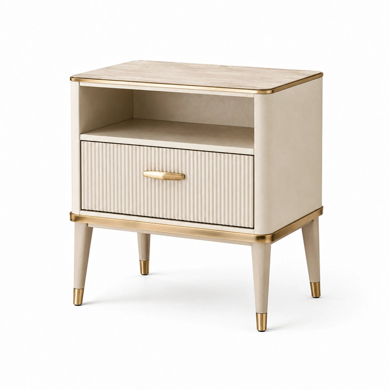 Comodino legno metallo crema e dorato