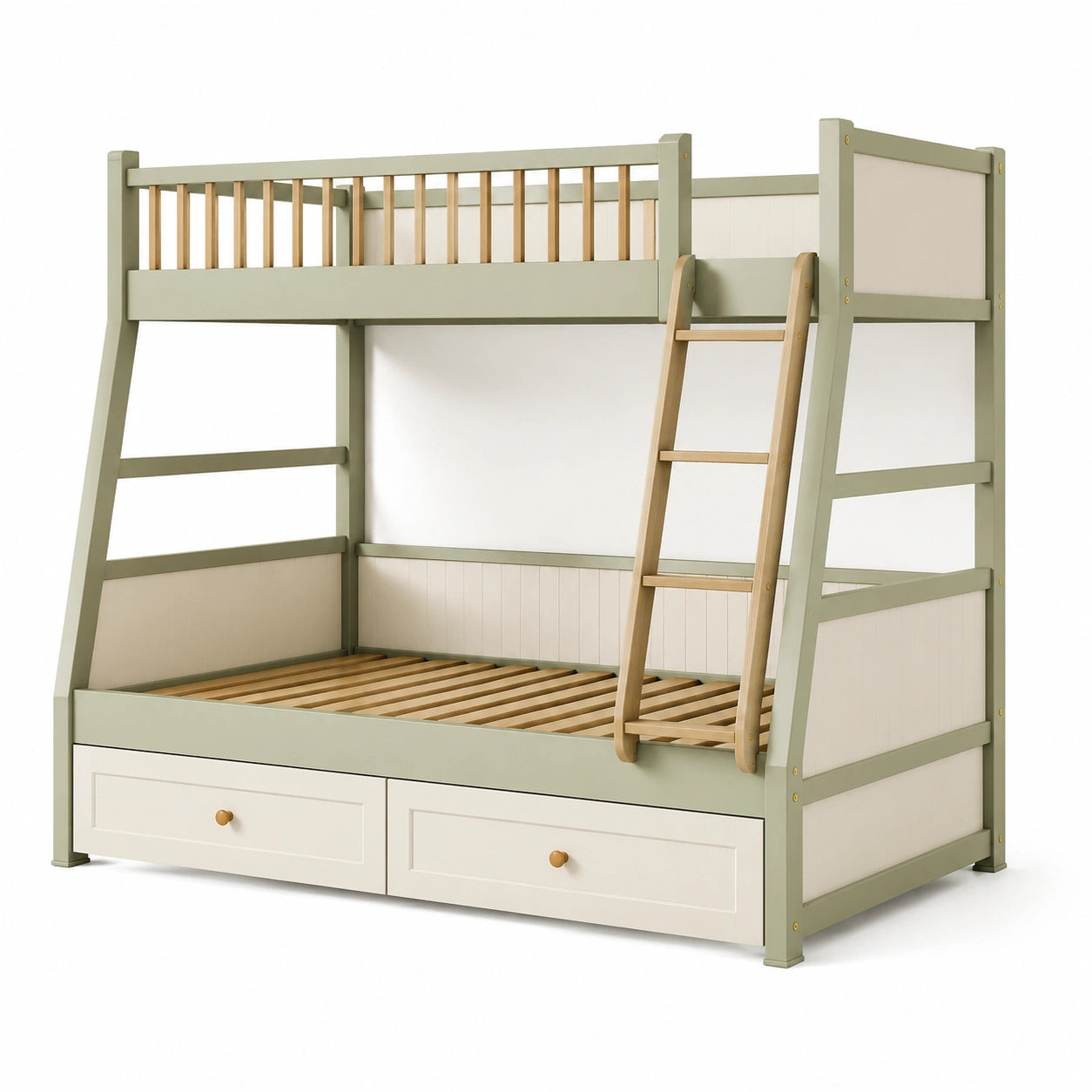 Letto a castello in legno di pino con cassetti verde e beige