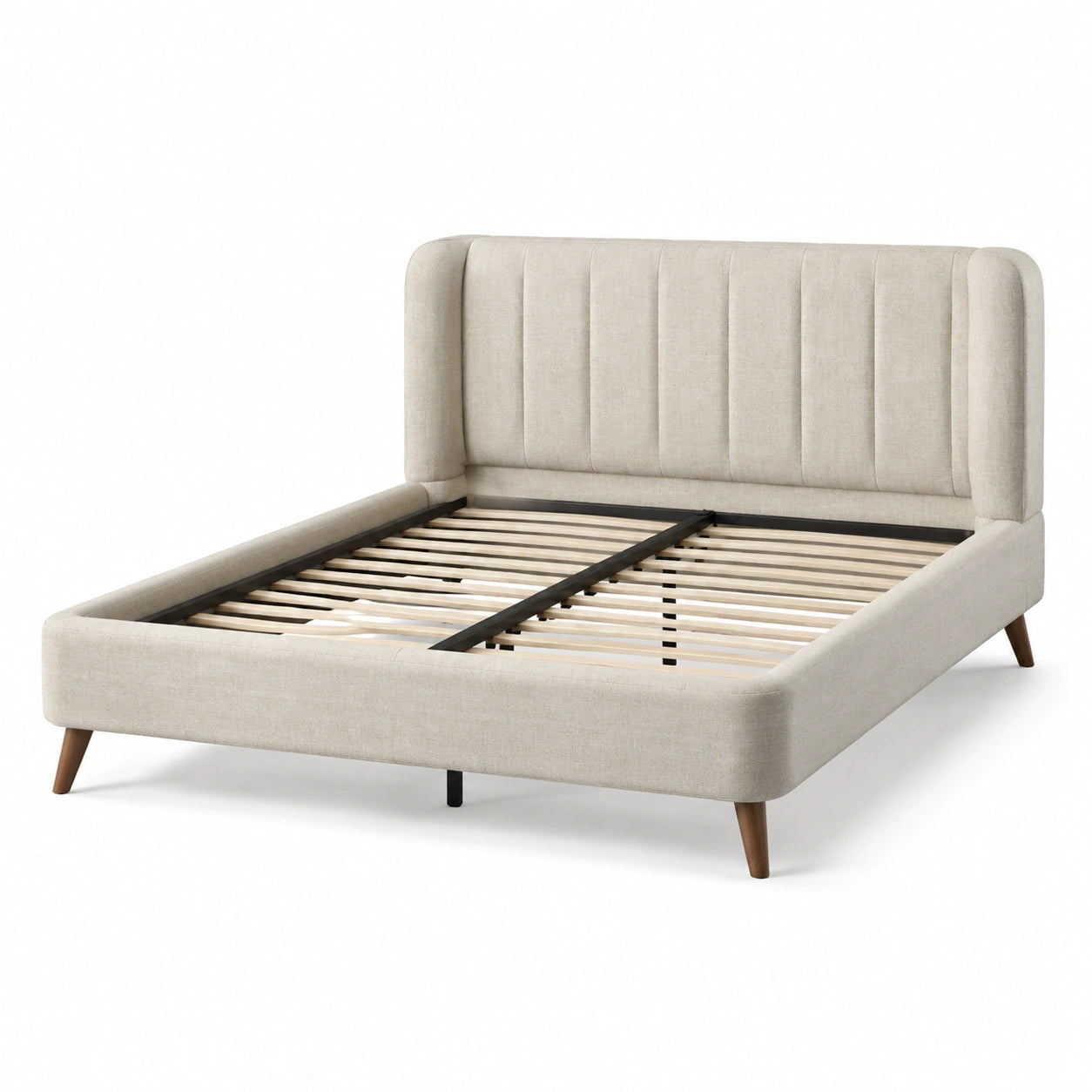 Letto matrimoniale tessuto beige e gambe in legno 200x160 cm