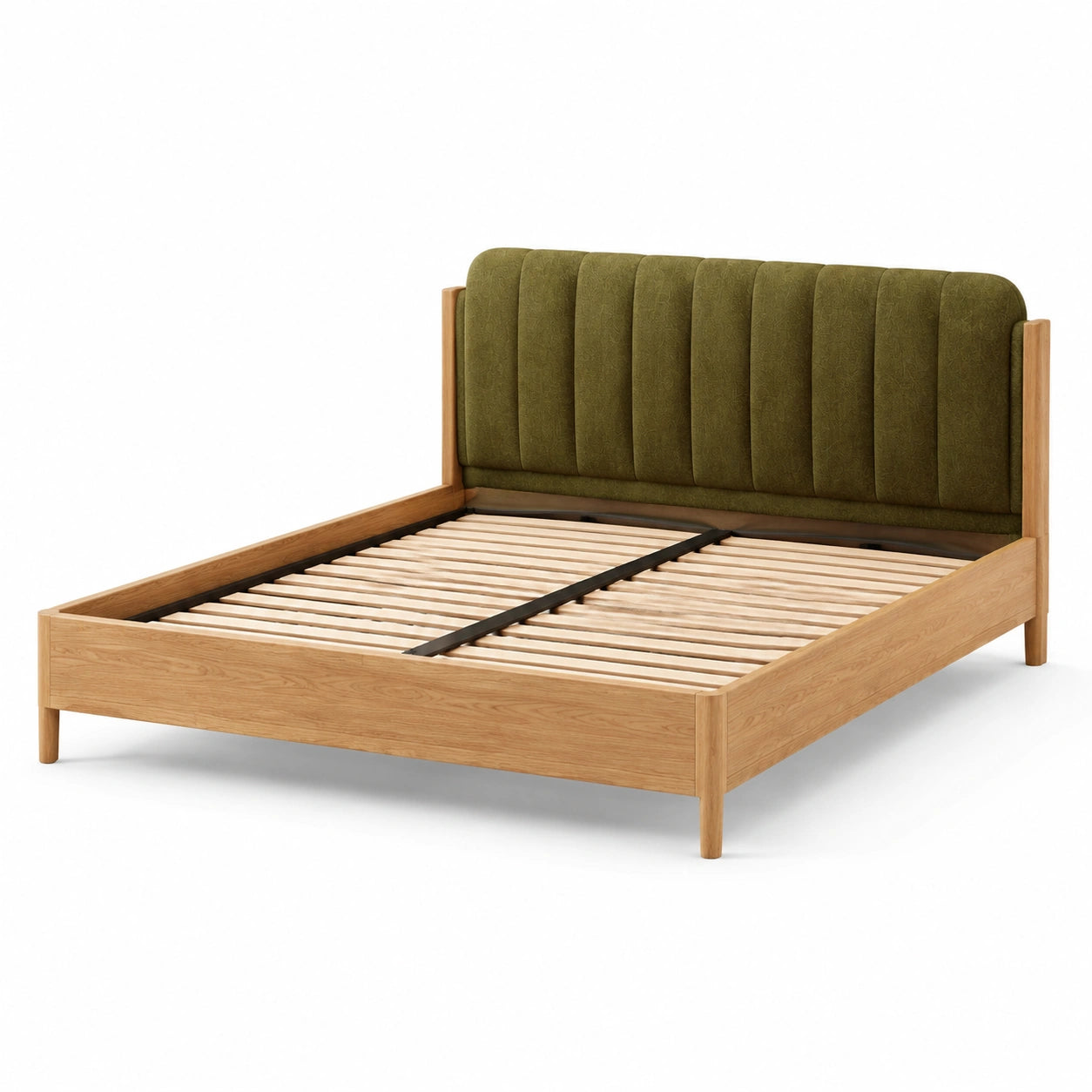 Letto matrimoniale in legno di rovere con testiera in tessuto poliestere verde 200x160 cm