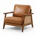 Poltrona in pelle con struttura in legno e rattan marrone