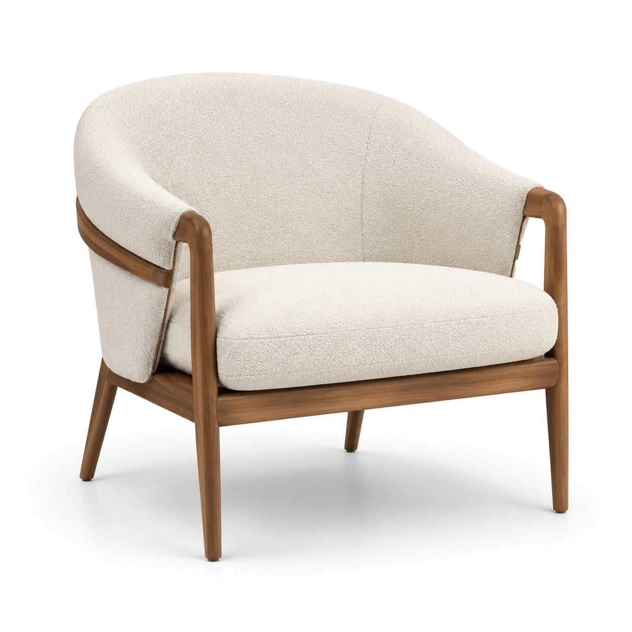 Poltrona lounge in legno con tessuto bouclé beige