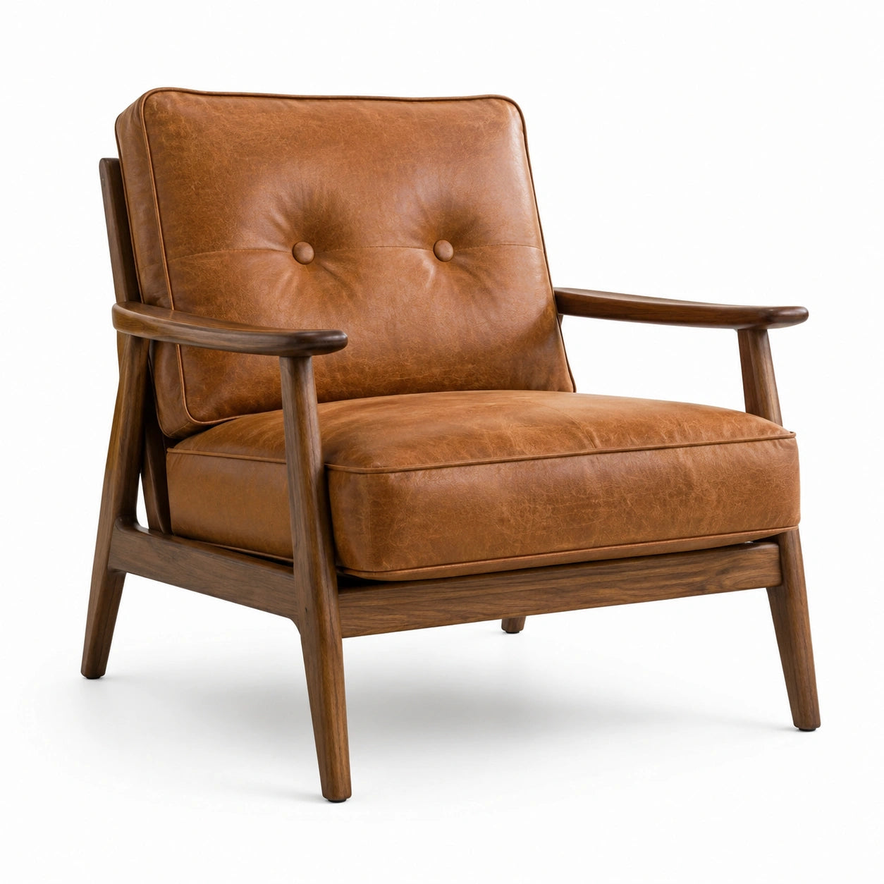 Poltrona in pelle sintetica marrone con struttura in legno di noce