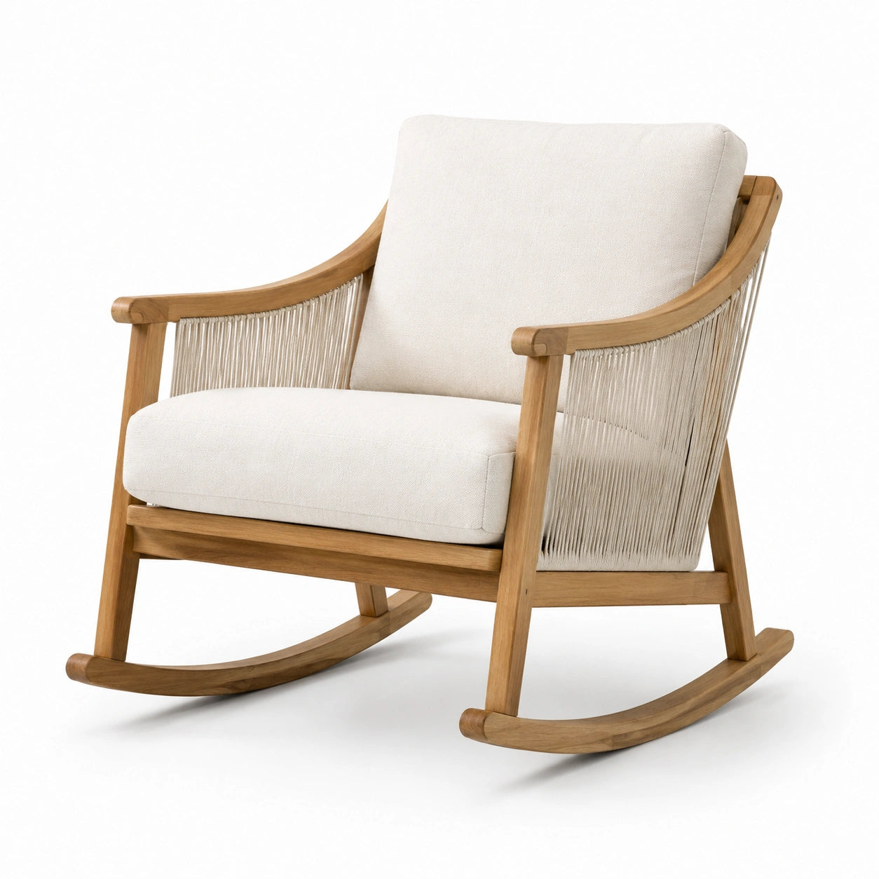 Sedia a dondolo in legno con cuscini in tessuto crema
