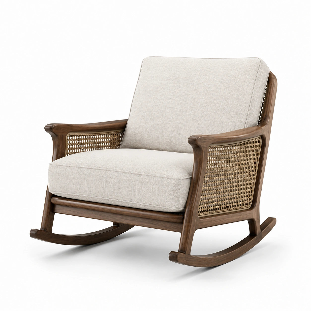 Sedia a dondolo in legno e rattan con tessuto beige