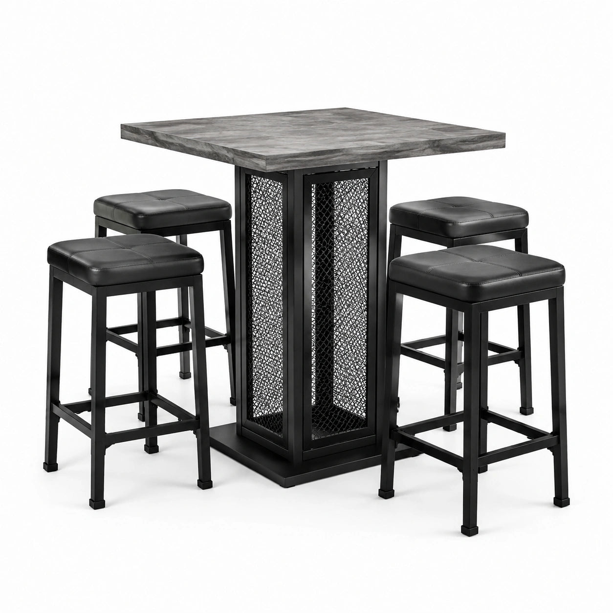 Set da bar quadrato in legno e metallo nero con sgabelli in ecopelle