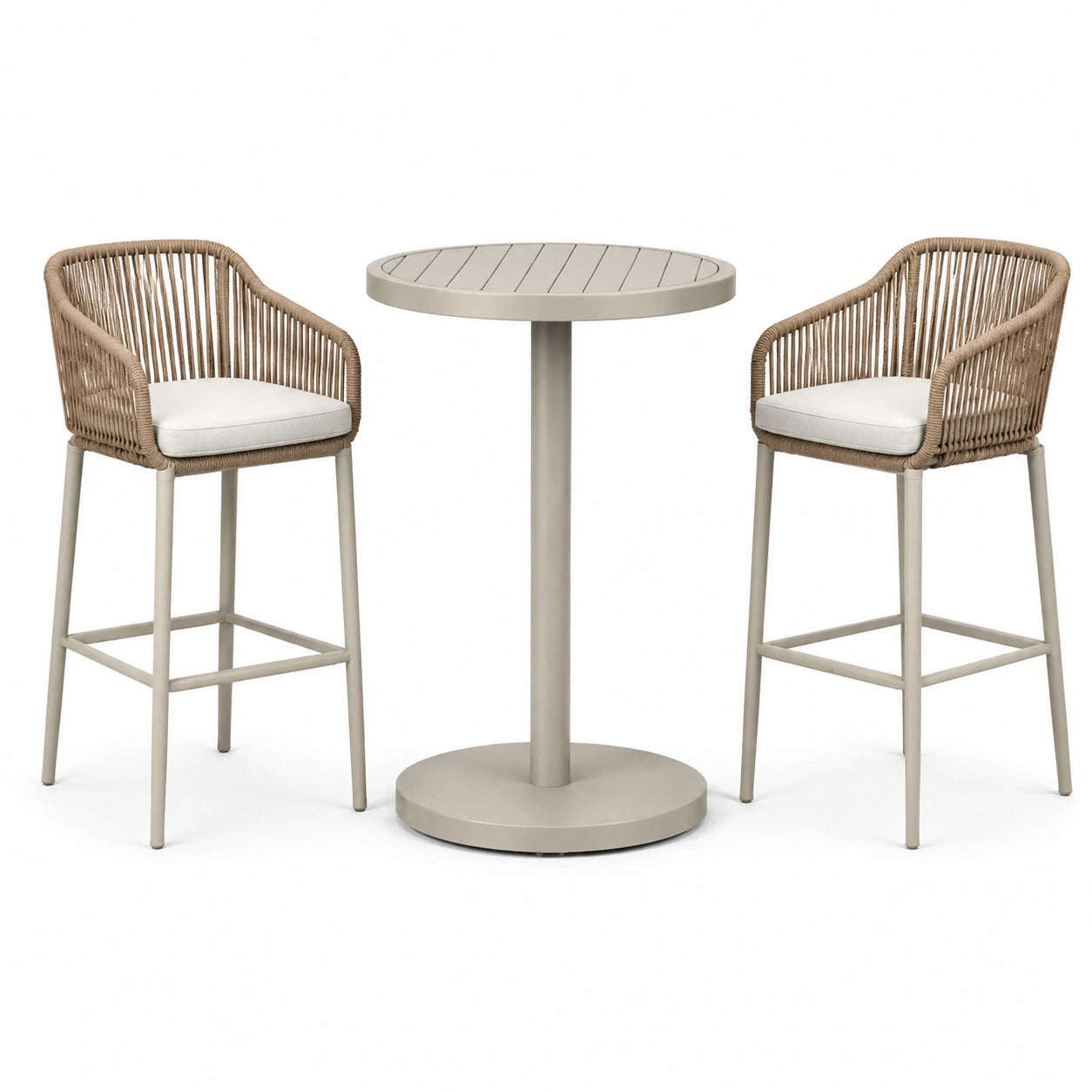 Set da bar in alluminio con sedie in corda beige