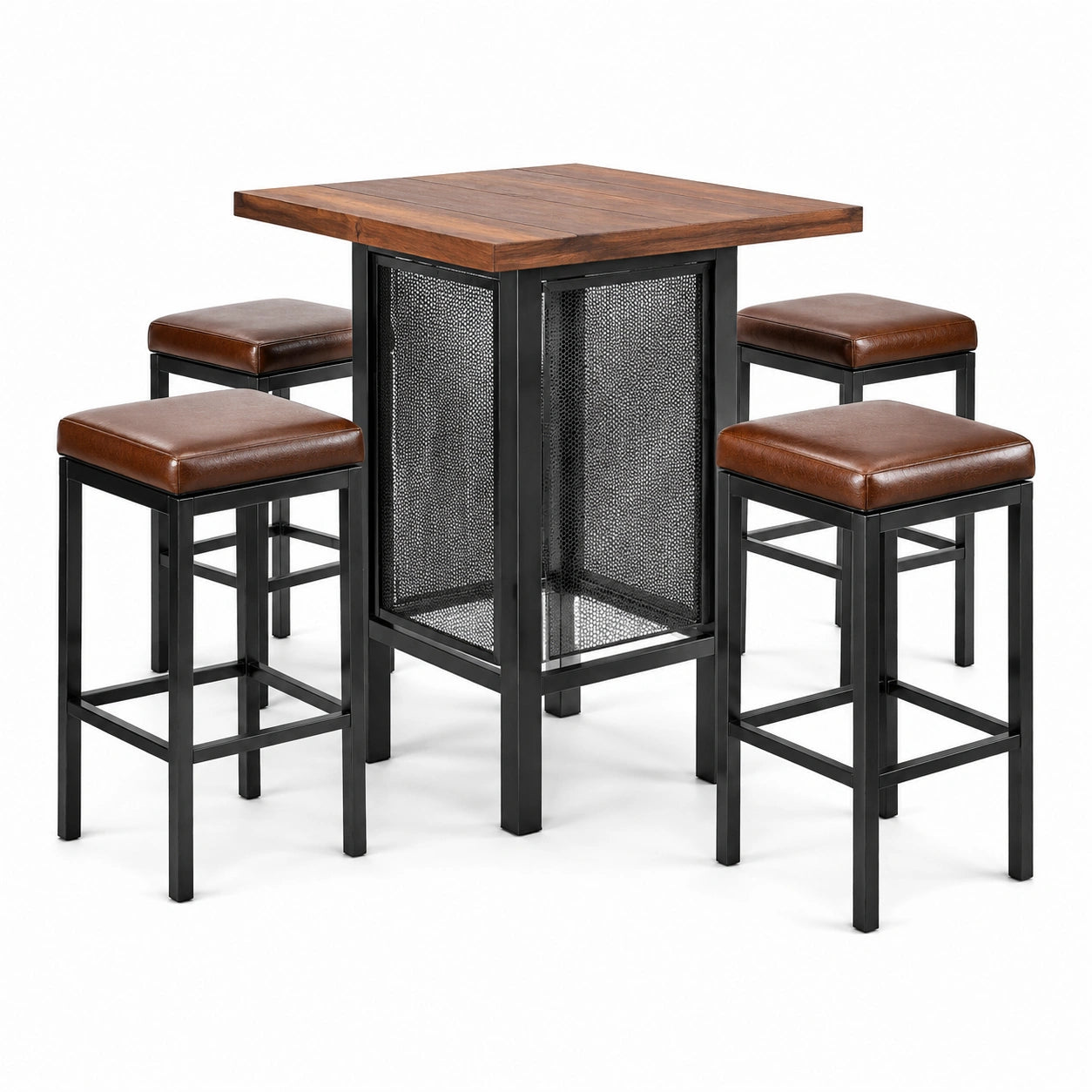Set da bar 5 pezzi con tavolo in legno e sgabelli in metallo e pelle sintetica